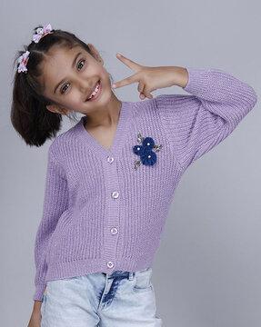 floral applique knitted v-neck cardigan