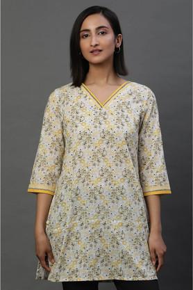 floral blended fabric v-neck women's casual wear kurti - yellow