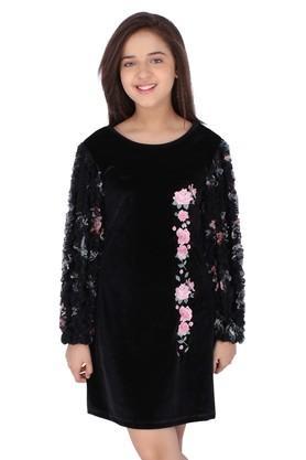 floral blended round neck girls casual dress - black