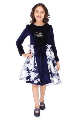 floral blended round neck girls casual dress - navy