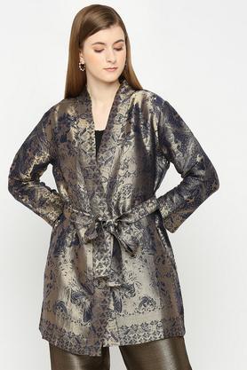 floral brocade relaxed fit women's casual jacket - navy