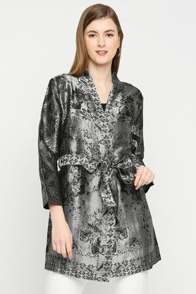 floral brocade relaxed fit women's casual jacket - silver