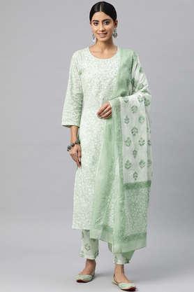 floral calf length cotton women's kurta set - green