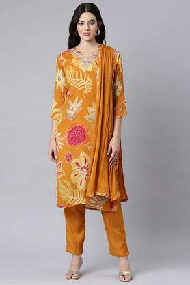 floral calf length cotton woven women's kurta set - gold