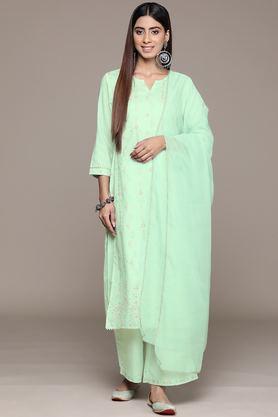 floral calf length polyester woven women's kurta set - green