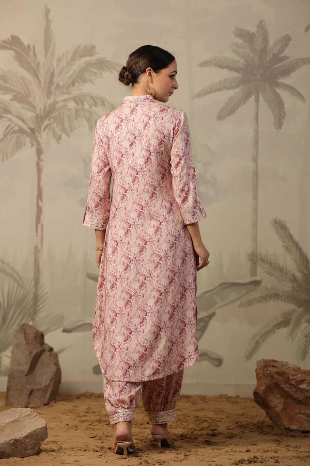floral calf length rayon woven women's kurta set - mauve
