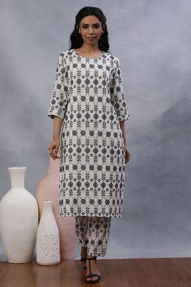 floral calf length rayon woven women's kurta set - natural