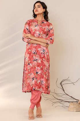 floral calf length silk women's kurta set - mauve