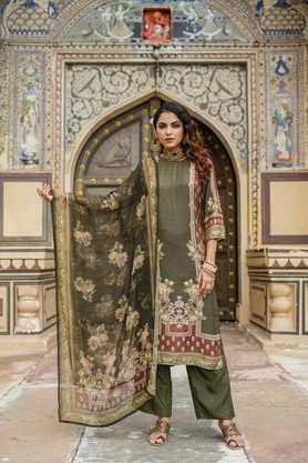 floral calf length silk woven women's kurta set - green
