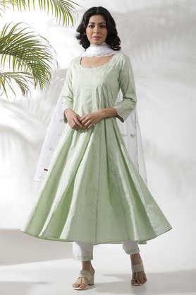 floral calf length viscose woven women's kurta set - green