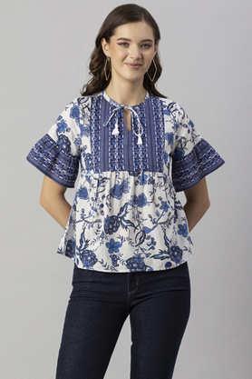 floral cambric round neck women's top - multi