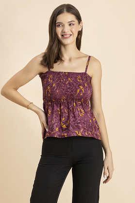 floral cambric square neck women's top - brown