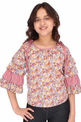floral chiffon round neck girls casual wear top - dusty pink