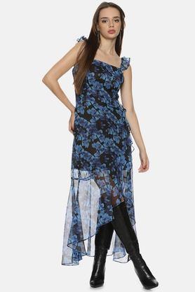 floral chiffon square neck women's maxi dress - blue