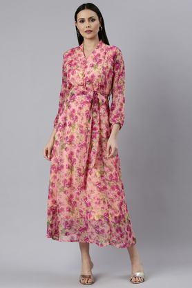 floral collared chiffon women's mid thigh dress - pink