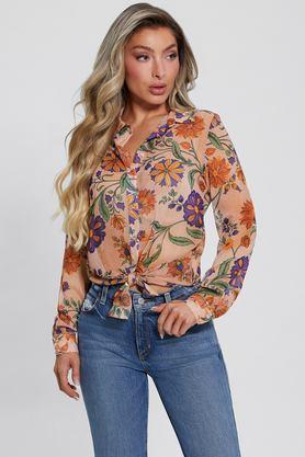 floral collared polyester women's casual wear shirt - multi