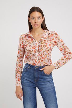 floral collared polyester women's casual wear shirt - pink