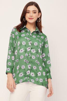 floral collared satin women's casual wear shirt - green