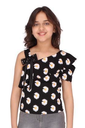 floral cotton blend asymmetric girls top - black