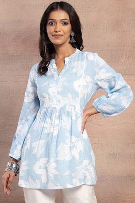 floral cotton collared women's tunic - blue