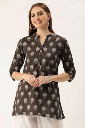 floral cotton collared women's tunic - brown