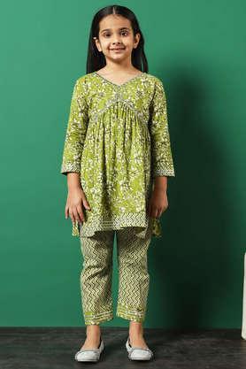 floral cotton regular fit girls kurta palazzo set - green
