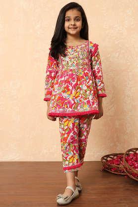 floral cotton regular fit girls kurta set - pink