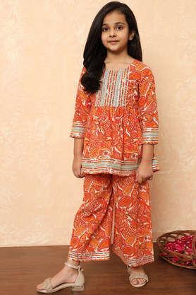 floral cotton regular fit girls kurti palazzo set - orange
