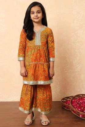 floral cotton regular fit girls kurti sharara set - orange