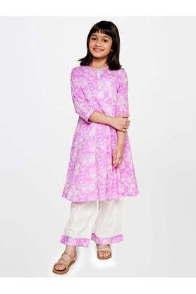 floral cotton relaxed fit girls kurta set - lilac