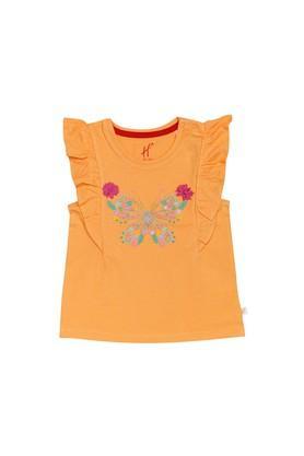 floral cotton round neck girls t-shirt - orange