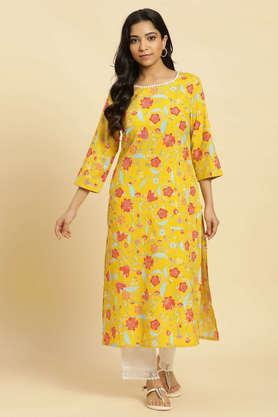 floral cotton round neck women's casual wear kurta - yellow