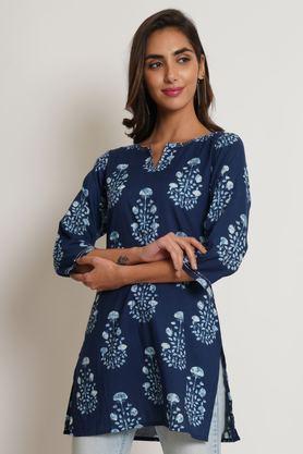 floral cotton round neck women's casual wear kurti - blue