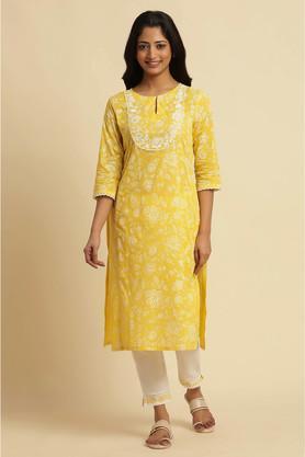 floral cotton round neck women's festive wear kurta - yellow