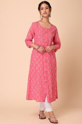 floral cotton round neck women's kurta - pink