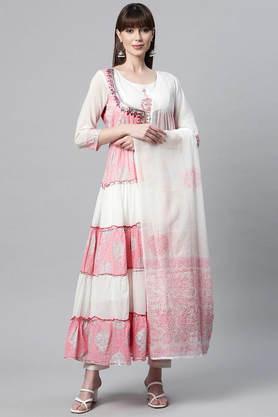 floral cotton round neck women's kurta with dupatta - white