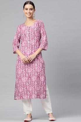floral cotton round neck women's kurti - pink