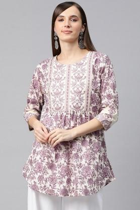 floral cotton round neck women's kurti - purple