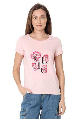 floral cotton round neck women's t-shirt - pink