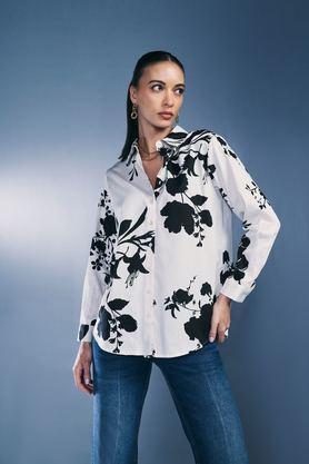 floral cotton spread collar women's casual wear shirt - black & white