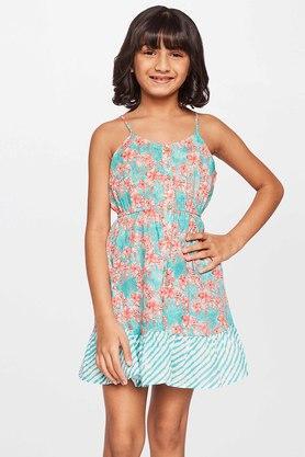 floral cotton square neck girls fusion dress - green