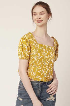 floral cotton square neck women's top - mustard