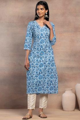 floral cotton v-neck women's casual wear kurta - blue