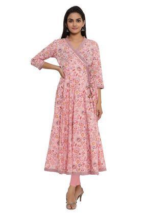 floral cotton v-neck women's festive wear kurti - pink