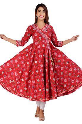 floral cotton v-neck women's festive wear kurti - red