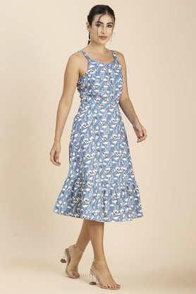 floral-cotton-v-neck-women's-mini-dress---blue