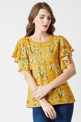 floral crepe round neck women's top - yellow