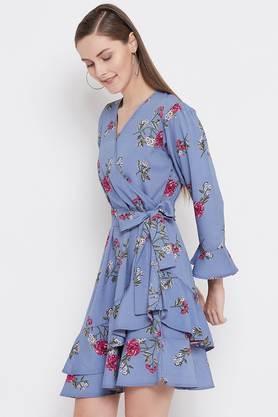 floral crepe v-neck women's knee length dress - blue