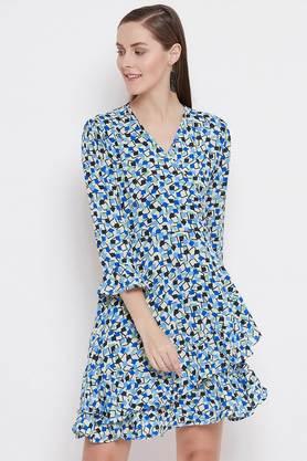 floral crepe v-neck women's knee length dress - blue