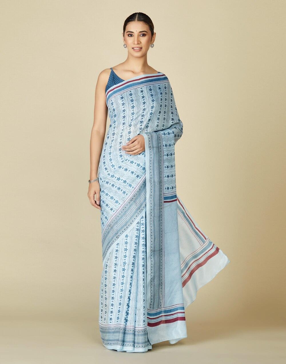 floral dot viscose printed contrast border sari